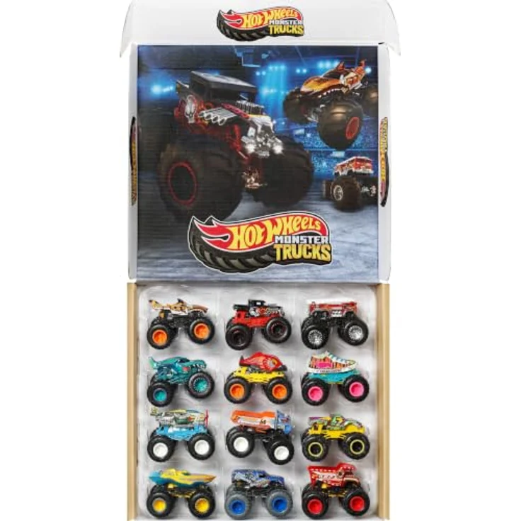 Hot Wheels Monster Trucks 12er-Pack, Die-Cast Spielzeugautos im Maßstab 1:64 mit detailreichen Grafiken und bekannten Charakteren, wiederverwendbare Verpackung
