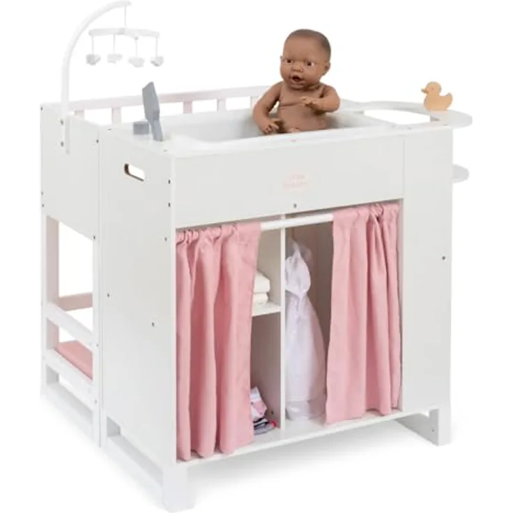 ELLA & PIET® Großes Puppenpflegecenter NURSERY 6in1 aus Holz (Weiß-Rosa) Puppenbett Puppenschrank, Badewanne, Hochstuhl - Echtholz und MDF, inkl. Bettzeug und Matratze