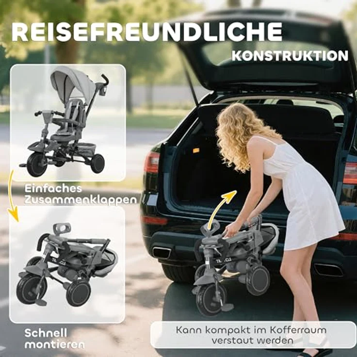 AIYAPLAY Dreirad 6in1, mit Schubstange, drehbarem Sitz, Korb, Tasche, Getränkehalter, für 1-5 Jahre, Grau – Bild 8
