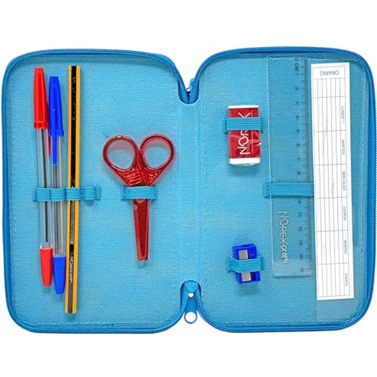 Clondo Dreifach Gefüllt Federmäppchen für Kinder, offiziell lizenziertes Stitch Design, 44 Schulutensilien, 3 Reißverschlüsse, Maße 20 x 12 x 7 cm, Polyester – Bild 2