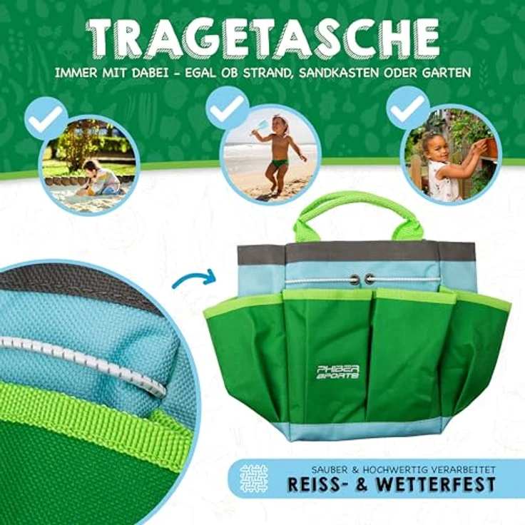 PHIBER-SPORTS Kinder Gartenwerkzeug Set (11 Teile) mit Kindergartenbuch, Metall Schaufel und Gießkanne, geeignet für Garten, Sand und Strand, ab 3 Jahre – Bild 3