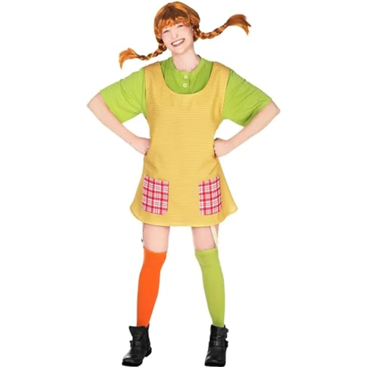 Maskworld Pippi Langstrumpf - Original Filmkostüm für Erwachsene, 4-teilig, gelb/grün, X-Small, lizenziertes Design mit Baumwollshirt und Schürze – Bild 1