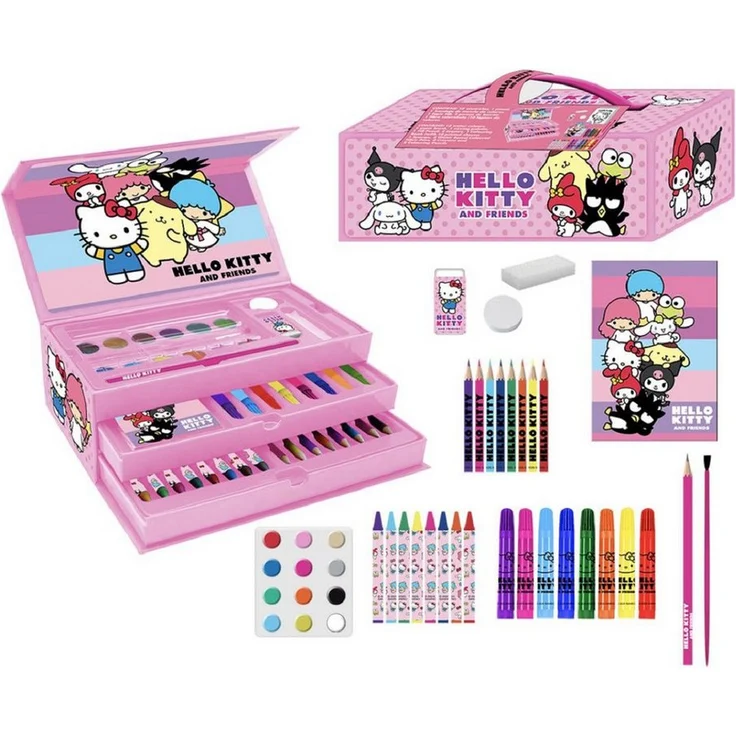 Cerda Farbkasten Hello Kitty Mal- und Zeichenkoffer Kreativset mit Stiften, Radierer und Zubehör, kompakt und robust