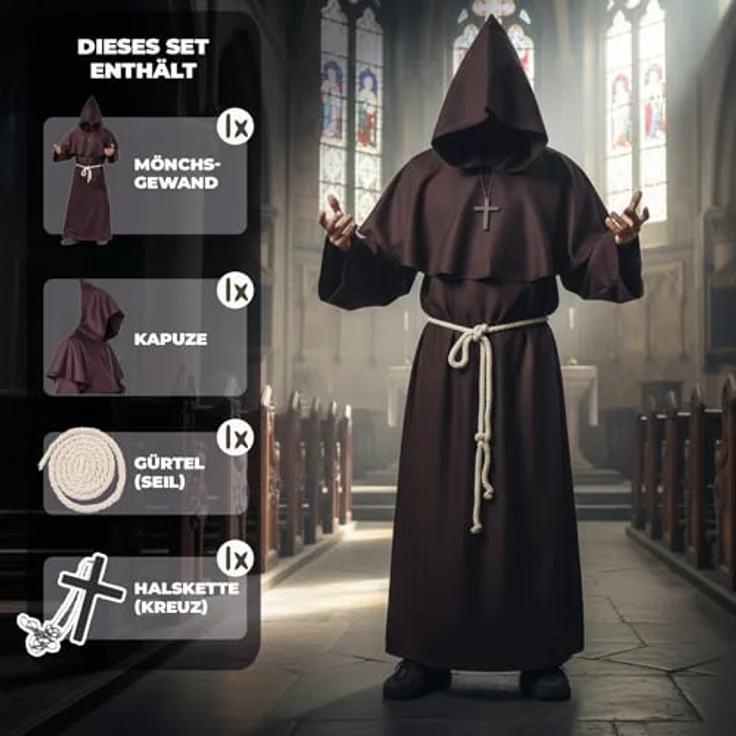 OriginalCorner® AirSuit® Mittelalterliches Mönch Kostüm für Erwachsene, lange Robe mit Kapuze und Holzkreuz, Größe M (170-175 cm) für Halloween und Karneval – Bild 2