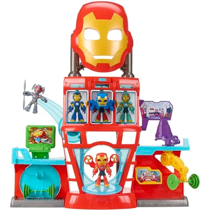 Marvel Iron Man and his Awesome Friends, elektronisches Iron Quartier Spielset mit 40+ Sounds, 2-in-1 Spielset und Rollenspielmaske, enthält 5 Accessoires und bewegliche Action-Figuren