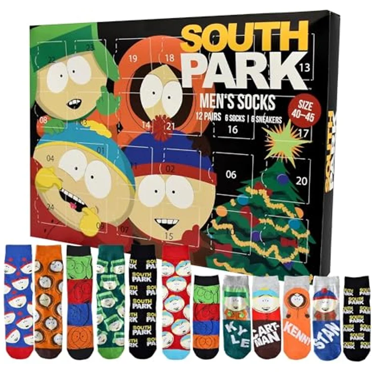 United Labels South Park Adventskalender, 12 Paar Socken für Herren, Größe 40-45, Sneaker und lange Socken mit kultigen Motiven – Bild 1
