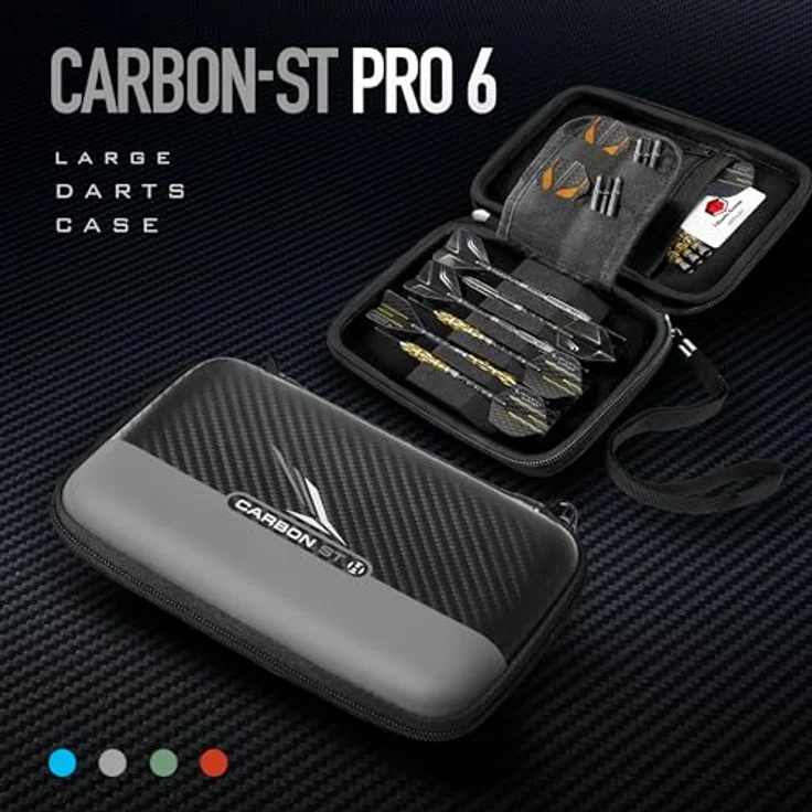 Harrows Carbon ST Pro 6 Darttasche, grau, mit Anti-Shock-Hartschale, Platz für 6 Darts und Zubehörfächer – Bild 4