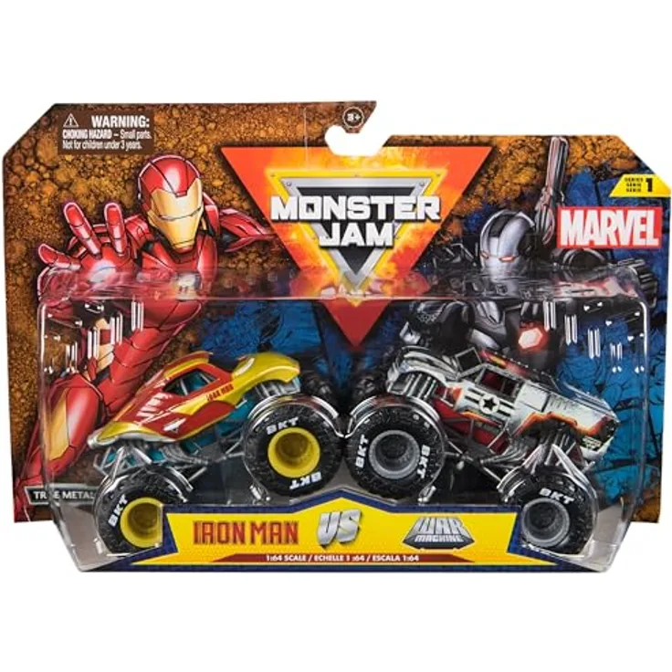 Monster Jam - Zweier-Pack Original Monster Trucks im Marvel Superhelden-Design, Maßstab 1:64, ab 3 Jahren (Zufallsauswahl)