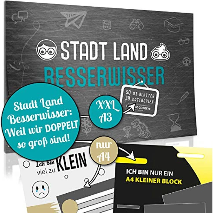 GOODS+GADGETS Stadt, Land, Besserwisser XXL, Spielklassiker Stadt Land Fluss in DIN A3 mit 39 Kategorien und spezialisierten Regeln – Bild 3