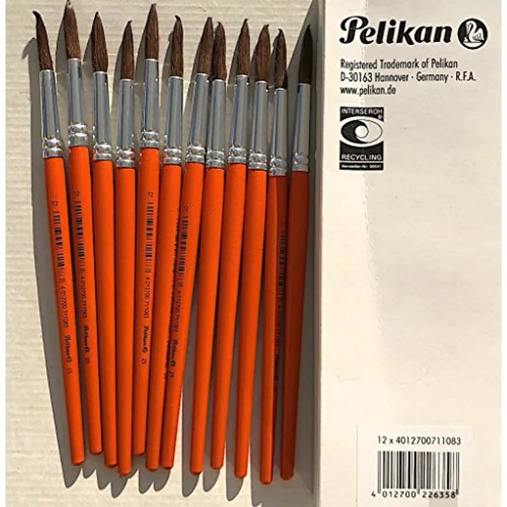 Pelikan Haarpinsel Sorte 23, Größe 12, 12 Stück, orangefarbenes Holz mit echtem Ponyhaar und nahtloser Aluminiumzwinge