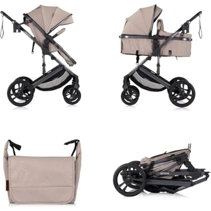 Chipolino Kinderwagen Amore 2 in 1, Tragetasche für Neugeborene, verstellbare Sitzeinheit, Getränkehalter, hellbraun – Bild 3