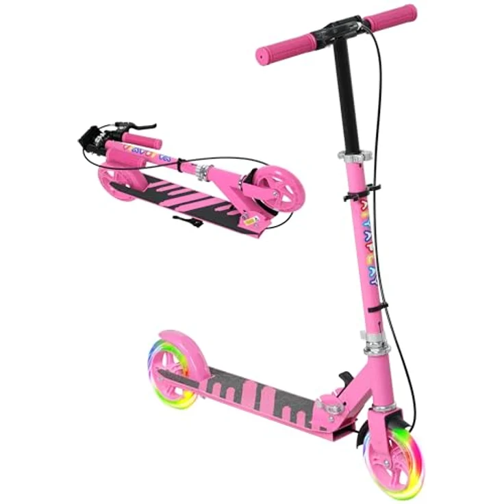 AIYAPLAY Roller Kinder Klappbar Kinderroller mit Verstellbarer Lenkerhöhe, 2 Leuchtenden Räder, Handbremse & Hinterradbremse Tretroller Scooter für 3-8 Jahre Kinder Rosa – Bild 1