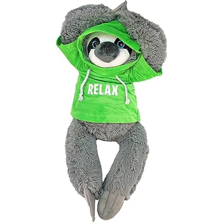 BEMIRO Faultier Kuscheltier mit Kapuze - grün Relax - ca. 70 cm, Faultier Kuscheltier mit Pulli, Kletthände zum anhängen, Plüschtier Faultier mit Hoodie
