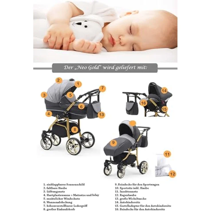 Elcar Kinderwagen-Set 4 in 1 Neo Gold inkl. Sportsitz und Autositz - 16 Teile - in 22 Farben – Bild 5