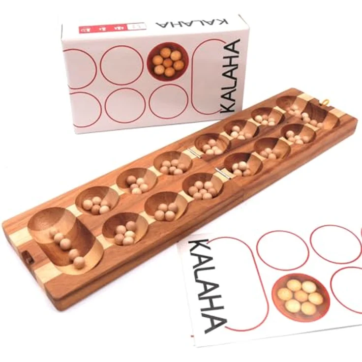 ROMBOL Kalaha Steinchenspiel für 2 Personen, edles Holzspielbrett 490 x 125 mm, inkl. 72 Spielsteine, Modell:4 – Bild 1