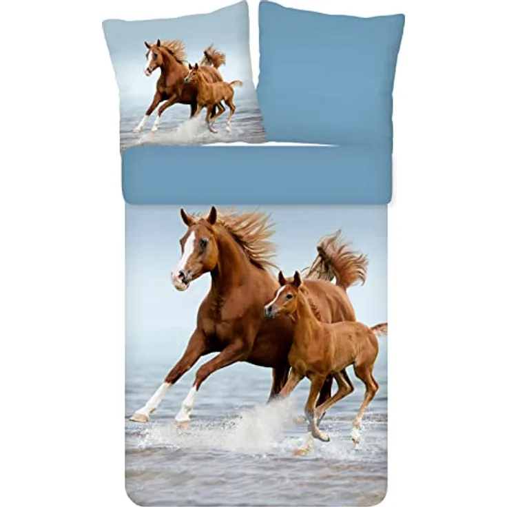 ESPiCO Bettwäsche Trendy Bedding Wildpferde Pferd Fohlen Stute Tiermotiv Gaul Meer Wasser Galopp Renforcé, 135 cm x 200 cm, blau