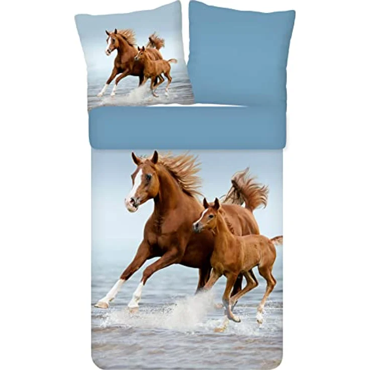 ESPiCO Bettwäsche Trendy Bedding Wildpferde Pferd Fohlen Stute Tiermotiv Gaul Meer Wasser Galopp Renforcé, 135 cm x 200 cm, blau – Bild 1