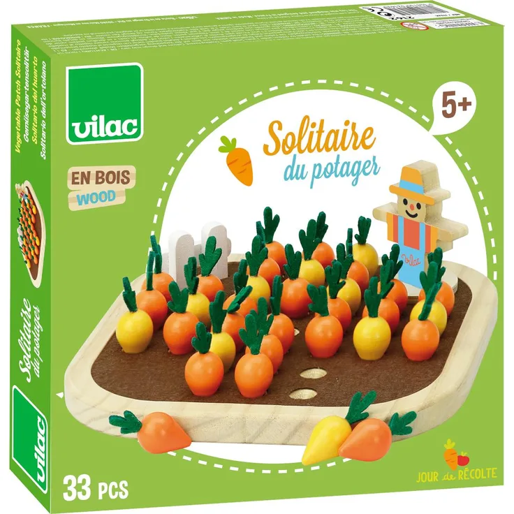 Vilac Gemüseernte mit Vogelscheuche, originelles Holzspiel für Kinder ab 5 Jahren, 33 Holzmöhren in zweifarbigem Design, 22 x 22 x 4 cm