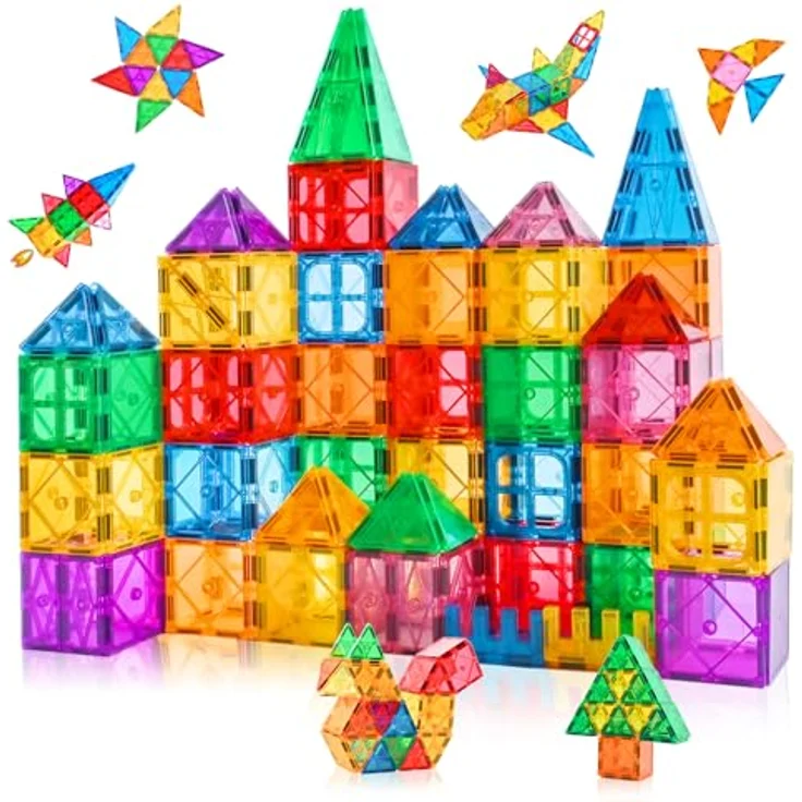Katiago Magnetische Bausteine, 64 Teile Magnet Spielzeug für Kinder ab 3 Jahren, farbenfrohes Starterset mit 1 Auto, fördert Kreativität und Feinmotorik – Bild 1