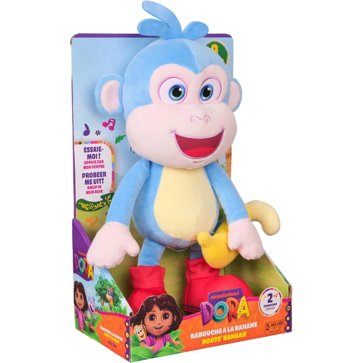 Spin Master Boots interaktives Plüschtier mit Musik, 33 cm, blau mit cremefarbenen Akzenten und roten Stiefeln