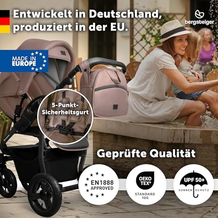Bergsteiger Capri Kombikinderwagen 3-in-1, Babywanne, Sportsitz & i-Size Babyschale, Luftreifen, Federung, höhenverstellbarer Griff, faltbar, Zubehör – Bild 4
