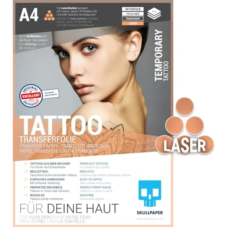SKULLPAPER® temporäre Tattoo-Transferfolie FÜR DIE HAUT - SEHR GUT getestet - für Laserdrucker (A4-4 Blatt)