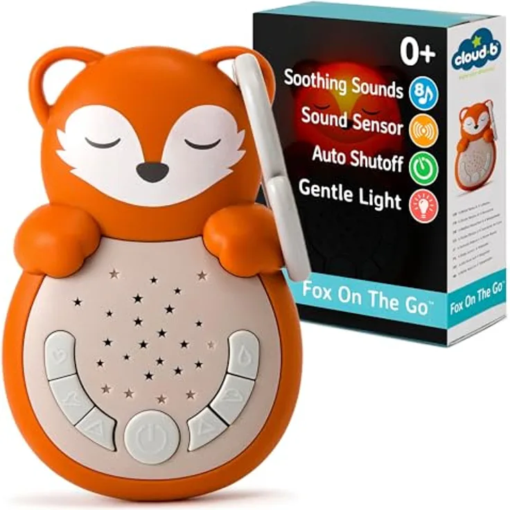 Cloud b Sweet Dreamz Fox, Maschine mit weißem Rauschen & Nachtlicht für Kinder, 4 beruhigende Geräusche & 4 Schlaflieder, smarter Sensor