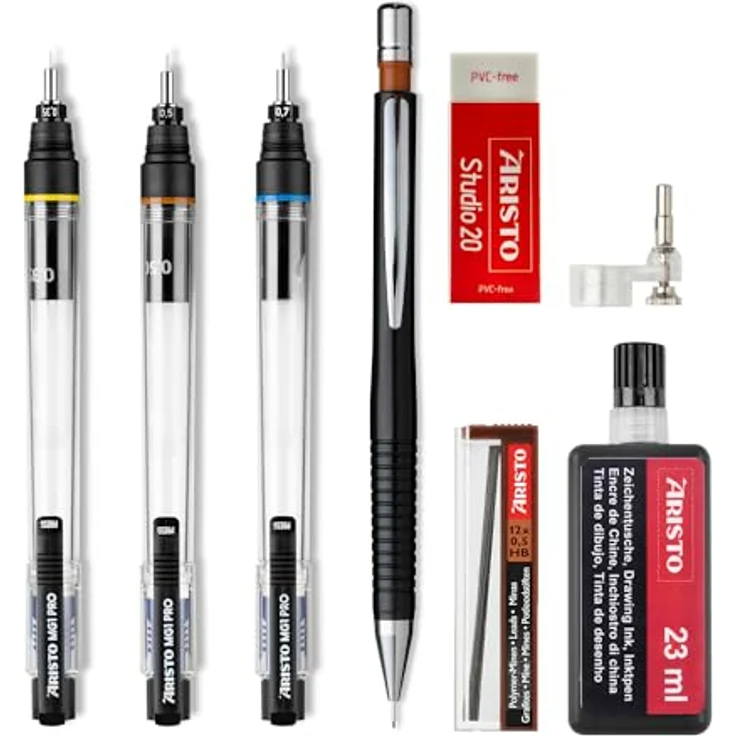 Aristo Tuschstift mg1 3er Set, Schwarz, mit Strichstärken 0,35 mm, 0,50 mm, 0,70 mm, inkl. Feinminenstift und Nachfülltusche – Bild 3