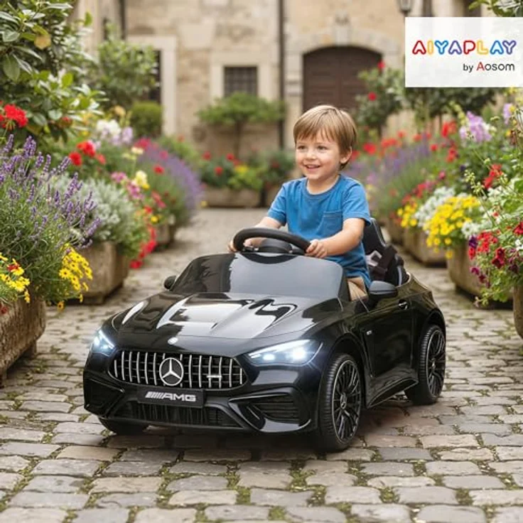 AIYAPLAY Kinder Elektroauto Mercedes-AMG, 12V mit 2,4 GHz Fernbedienung, 2 Motoren, Musik, MP3, sanftem Start/Stopp, Federung, LED-Beleuchtung, Hilfsräder für 3-6 Jahre, Schwarz – Bild 2