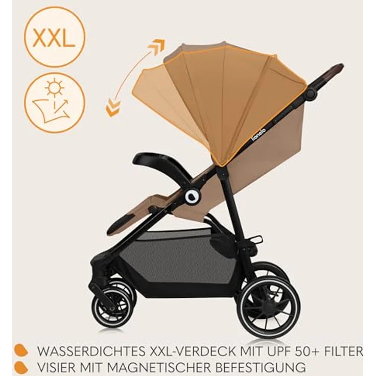 Lionelo EMMA ONE Buggy, schwenkbare 360 Räder, Vollfederung, Einhändig klappbar, Verstellbare Rückenlehne und Fußstütze, XXL-Verdeck UPF50+, grau – Bild 3