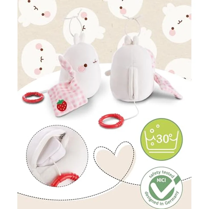 Nici Spieluhr Molang, 15 cm, plüschig mit herausnehmbarem Spielwerk und Brahms Wiegenlied, rosa-weiß kariert – Bild 3