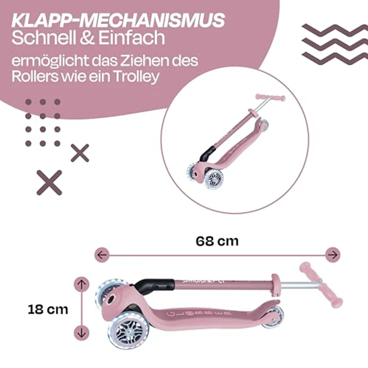 Globber PRIMO FOLDABLE LIGHTS ECO beere, 3-rädriger Kinderscooter mit leuchtenden Vorderrädern und sicherem Klappmechanismus – Bild 3