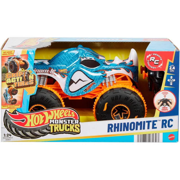 Hot Wheels RC-Monstertruck Rhinomite, Ferngesteuertes Auto mit Crash-Action in 1:24 Maßstab
