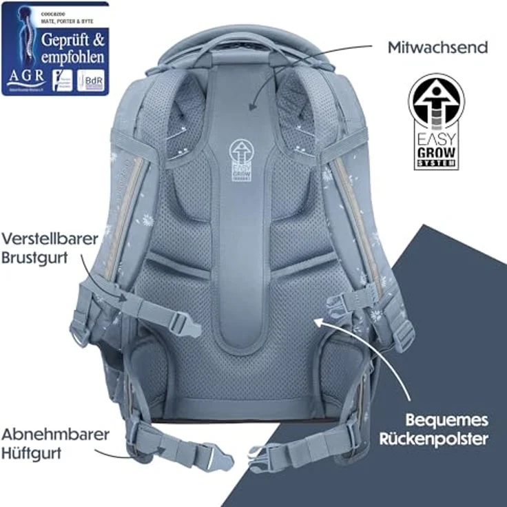 Coocazoo Byte Schulrucksack „Bloomy Daisy”, hellgrau, ergonomisch, höhen- und größenverstellbar, mit Brustgurt und Hüftgurt, für die 3. Klasse – Bild 4
