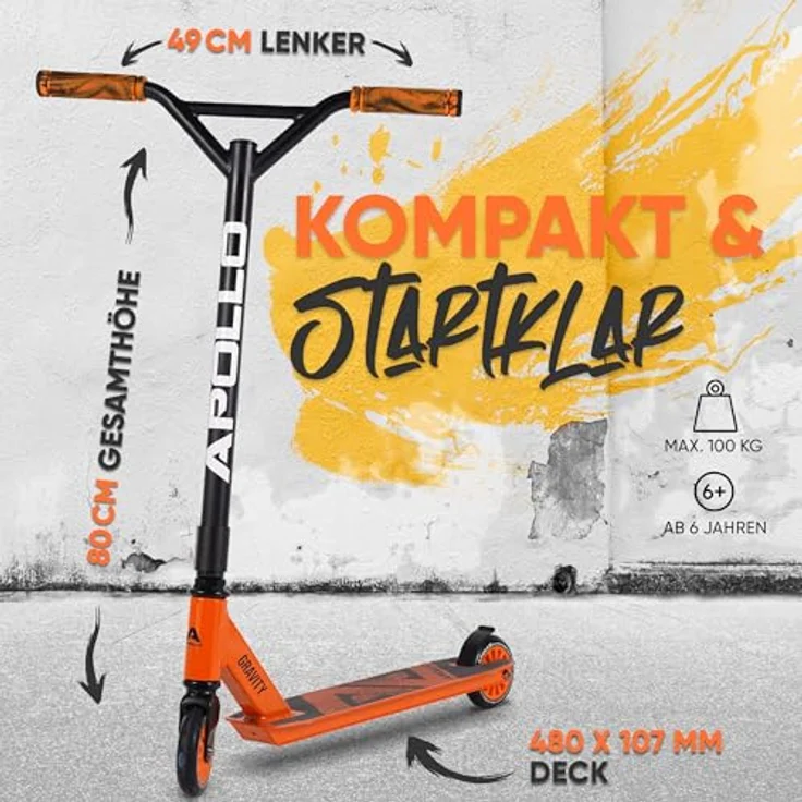 Apollo Stuntscooter Gravity, Fun-Kickscooter für Kinder und Teenager, hohe Belastbarkeit bis 100kg, rutschfestes Deck und stabile Rollen – Bild 4