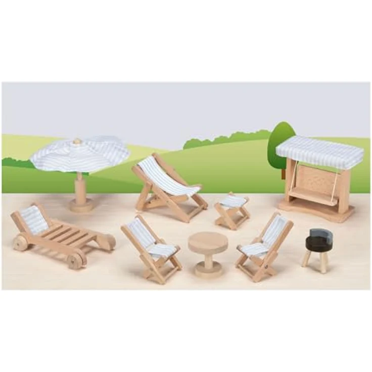 goki Puppenhausmöbel Puppengartenmöbel Weiß, 9-teiliges Set mit Grill, Liegestühlen und Sonnenschirm – Bild 2