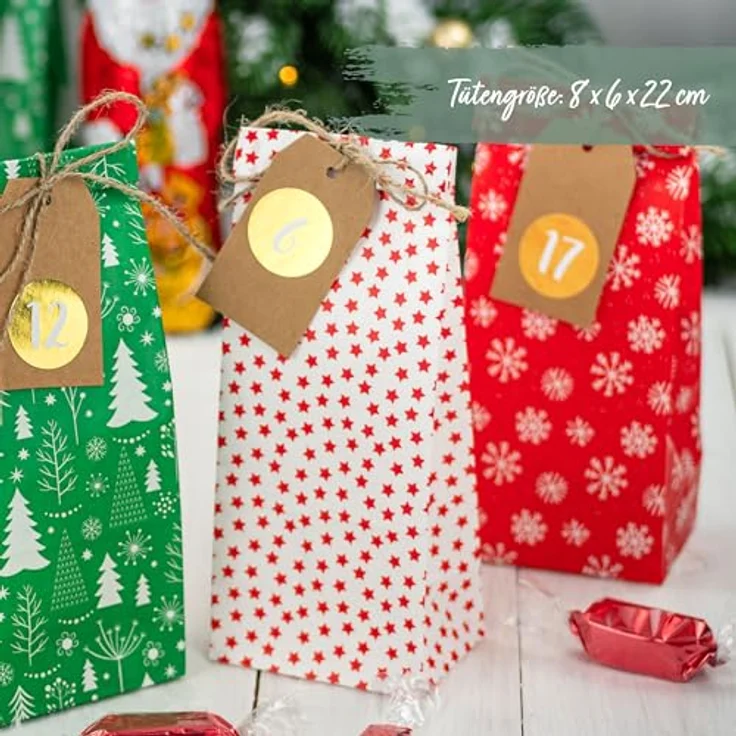 Papierdrachen Adventskalender 2025, DIY Weihnachtskalender zum Befüllen mit 24 bedruckten Geschenktüten in Rot und Grün, inklusive Zahlenaufkleber & Klammern, wiederverwendbar – Bild 4
