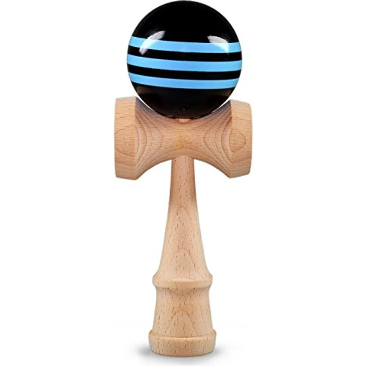 Ganzoo Kendama, Buchenholz Geschicklichkeitsspiel in blau/schwarz, reißfestes Nylonseil, drei Fangmulden, Auffangstift, 16 cm hoch, 6 cm Kugel – Bild 1