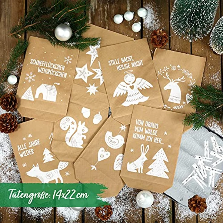 PAPIERDRACHEN Extravaganter Adventskalender zum Befüllen - mit 24 braunen Geschenktüten und 24 Zahlenaufklebern - Motiv Waldtiere weiß - zum Basteln und Verschenken - Weihnachten & Advent – Bild 3