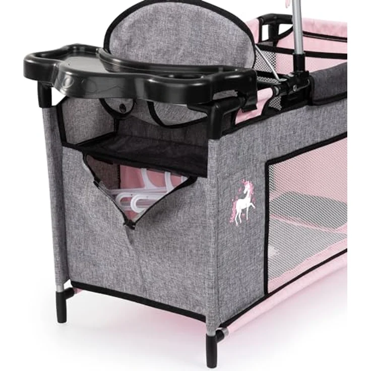 Bayer Design 62633AB Puppenbett mit Schrank, Hochstuhl, Bettdecke, Kissen, Jeans-grau, rosa, Einhorn – Bild 3