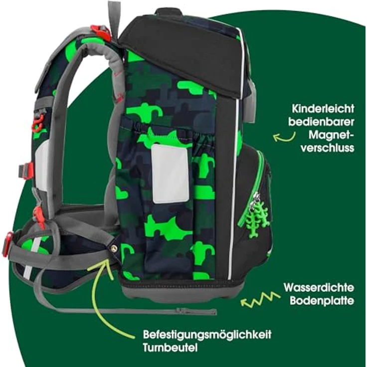 Step by Step Giant Schulranzen-Set „Black Cat Chiko“, ergonomischer Tornister, 5-teilig, grau-grün, 23 Liter, höhenverstellbar mit Hüft- und Brustgurt, inklusive reflektierenden Elementen und MAGIC MAGS – Bild 3