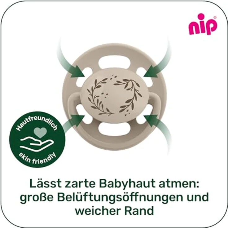 nip Cherry Green, 4er Pack Stillfreundlicher und zahnfreundlicher Babyschnuller aus Naturkautschuklatex, rot/grau, ab 6 Monate – Bild 5