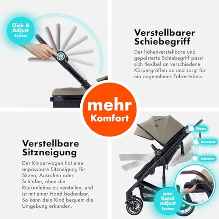 Daliya® NEOMOVE 3in1 Kinderwagen, Buggy & i-Size Babyschale | Alu-Rahmen | Reisekinderwagen & Sportwagen | Großer Einkaufskorb | Stadt & Gelände (Schwarz-Beige) – Bild 5