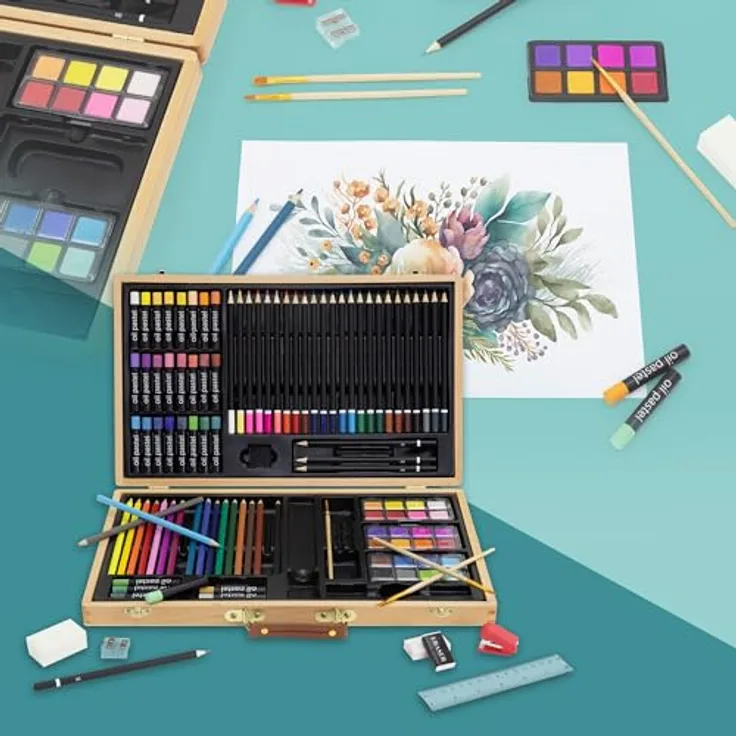 ECD Germany Malkoffer Kreativset 109-teilig, mit Ölpastellkreiden, Buntstiften, Wasserfarben und Zubehör, Holz, braun