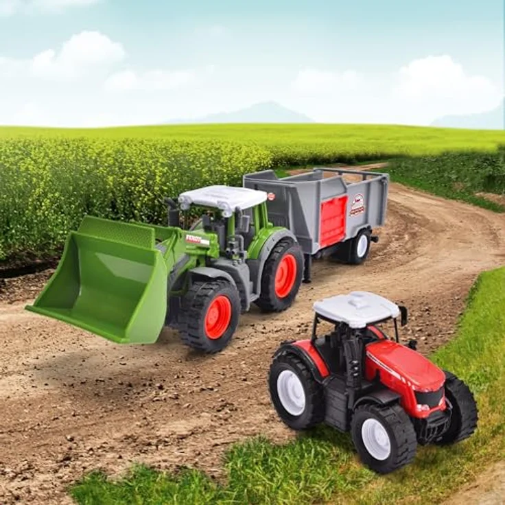 Dickie Toys Spielzeug-Traktor Farm Set, 3-tlg. mit Fendt und Massey Ferguson Traktor sowie Anhänger, für Kinder ab 3 Jahren, Freilauf und bewegliche Teile – Bild 2
