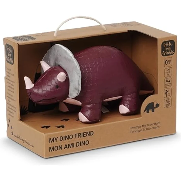 Little Big Friends Penelope der Triceratops, Sensorisches Kuscheltier aus veganem Leder mit Farben, Texturen und bimmelnder Glocke, leicht zu reinigen – Bild 1