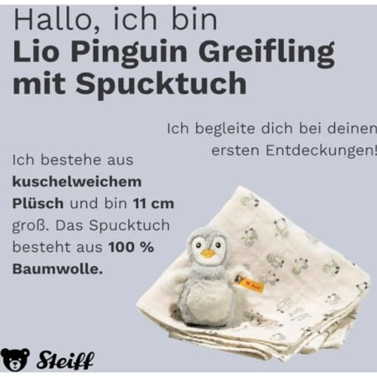 Steiff Geschenkset Lio Pinguin Greifling mit Spucktuch, 11 cm, mehrfarbig, für Babys ab 0 Monaten – Bild 2