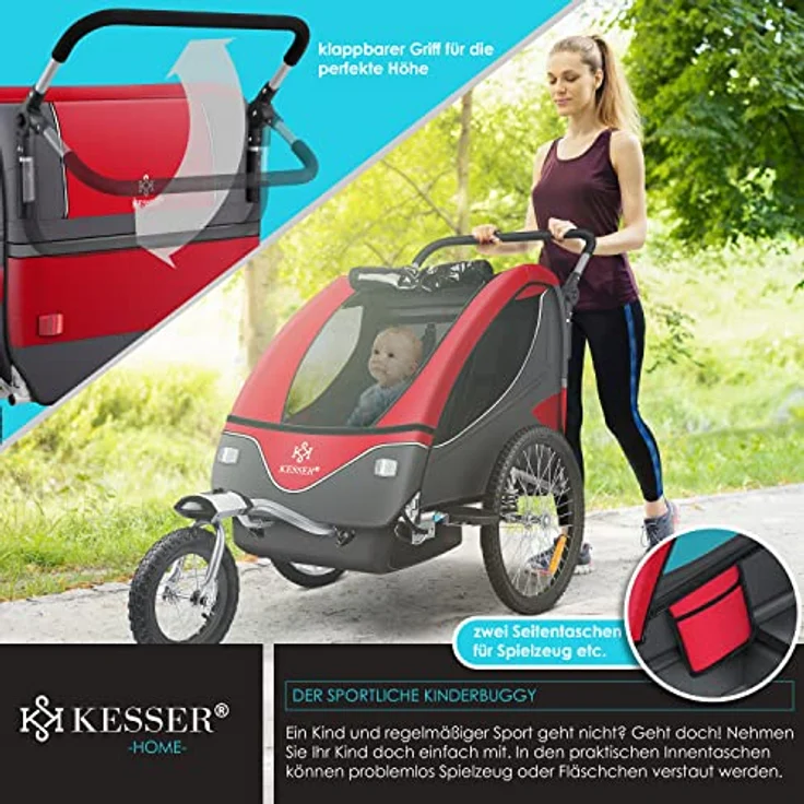 KESSER® Cruiser Kinderanhänger Fahrradanhänger 360° Drehbar mit Federung 2in1 Joggerfunktion Kinderfahrradanhänger + 5-Punkt Gurt Jogger Fahrrad Anhänger für 1 bis 2 Kinder max. 40kg Rot – Bild 7