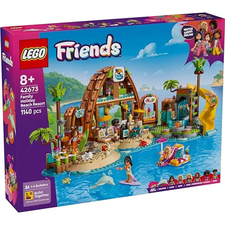 LEGO Friends 42673 Familienurlaub im Strandresort Bausatz, inkl. 6 Minifiguren, Delfin und Schildkröte, 1140 Teile, Mehrfarbig – Bild 8