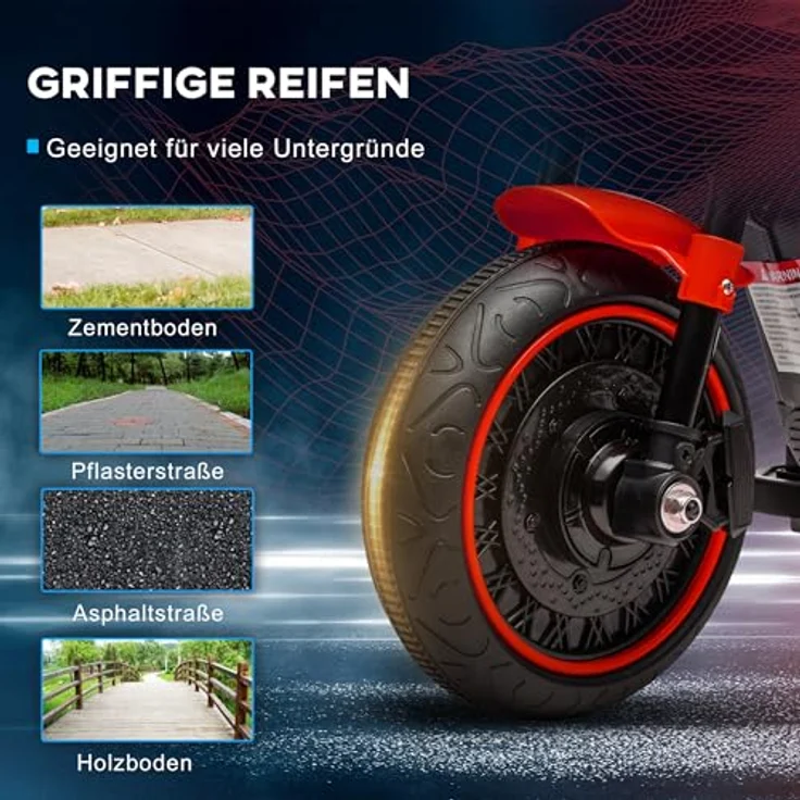 HOMCOM Elektro-Kindermotorrad 18-36 Monate, mit Stützrädern und Scheinwerfer, Belastbarkeit 25 kg, 3 km/h, Rot – Bild 6